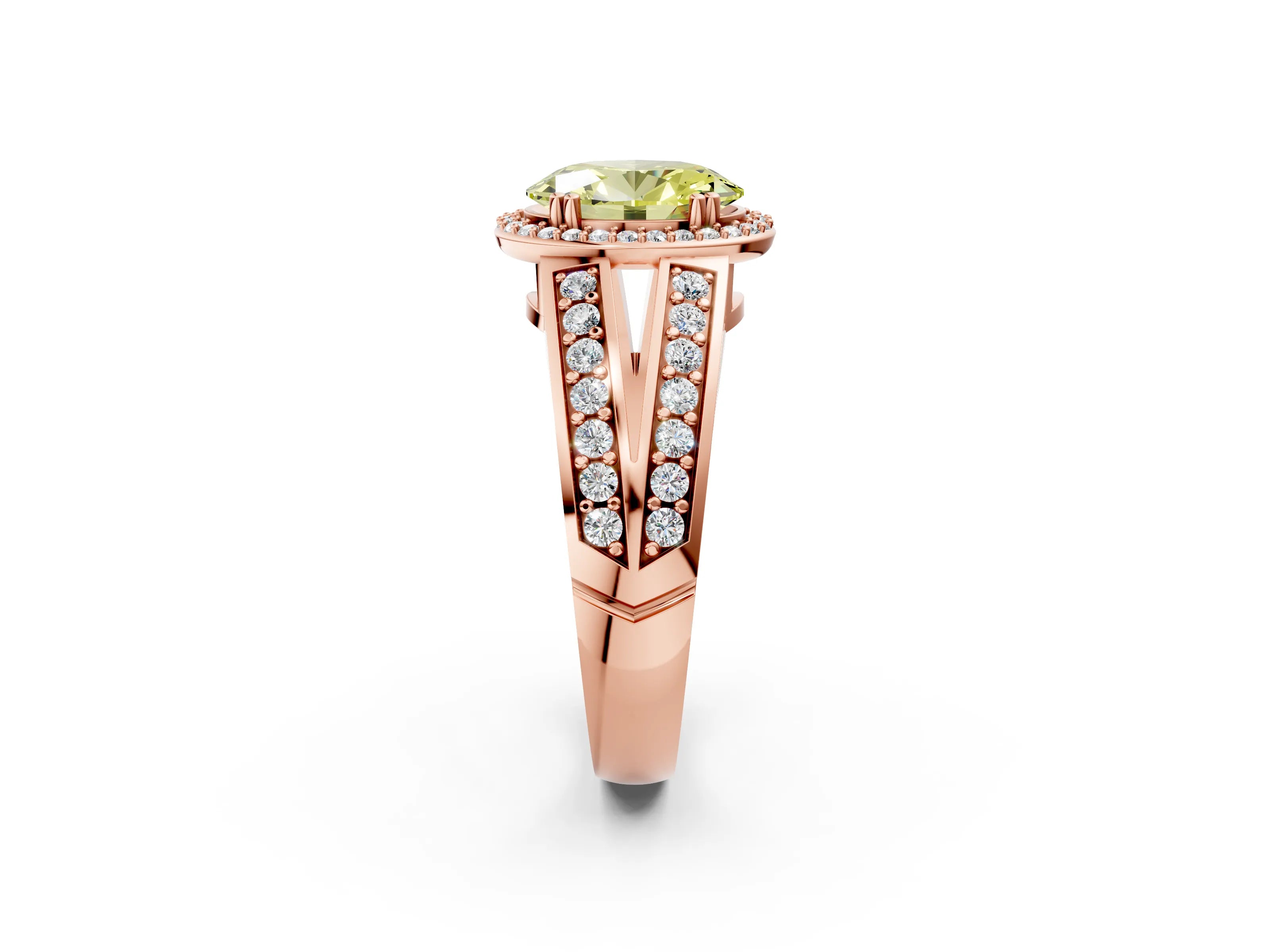 Rose gold Fancy Yellow Oval Cut Diamond Halo Ring with Split Shank Pavé Band and Four-Prong Setting_2