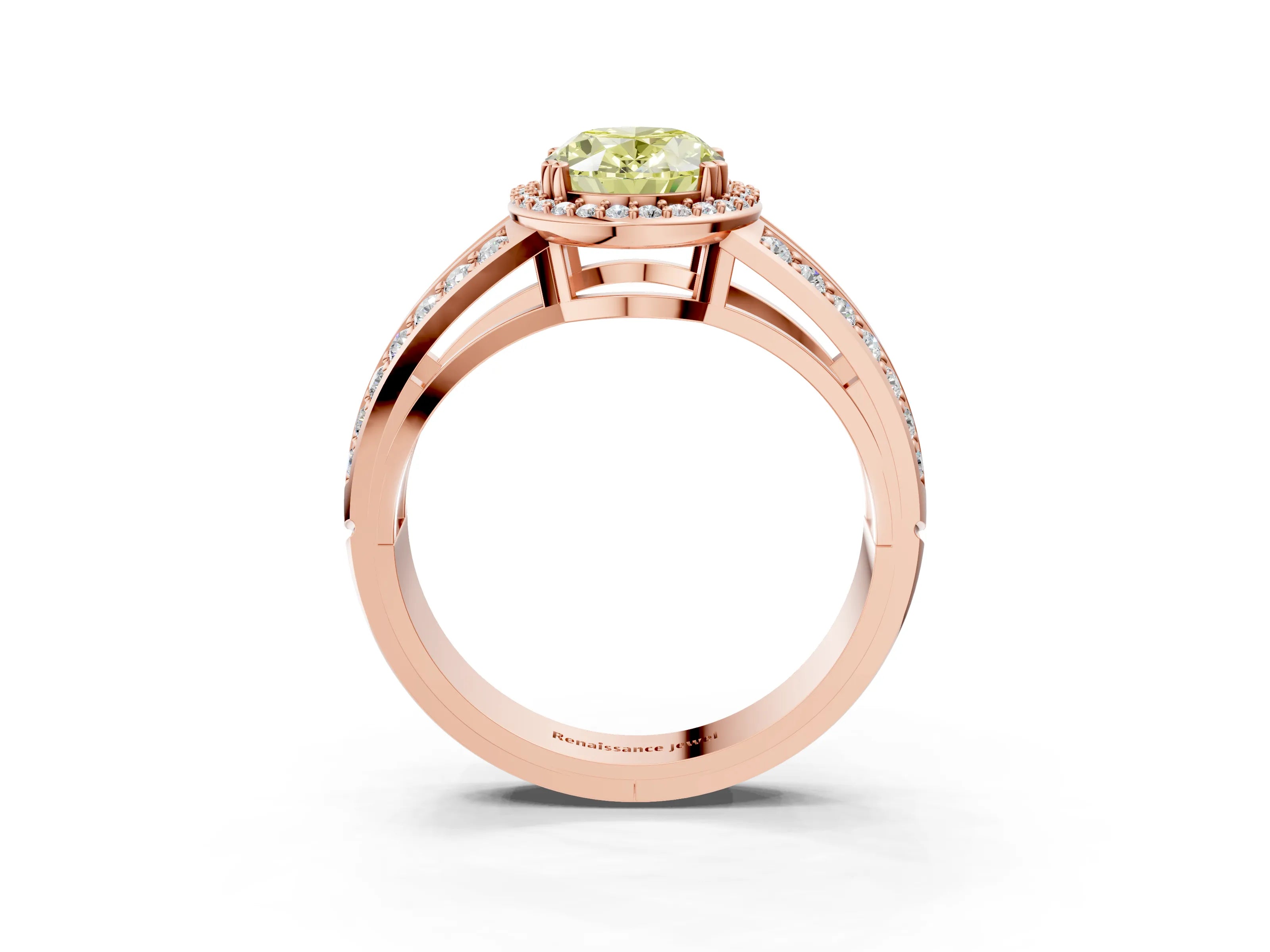 Rose gold Fancy Yellow Oval Cut Diamond Halo Ring with Split Shank Pavé Band and Four-Prong Setting_3