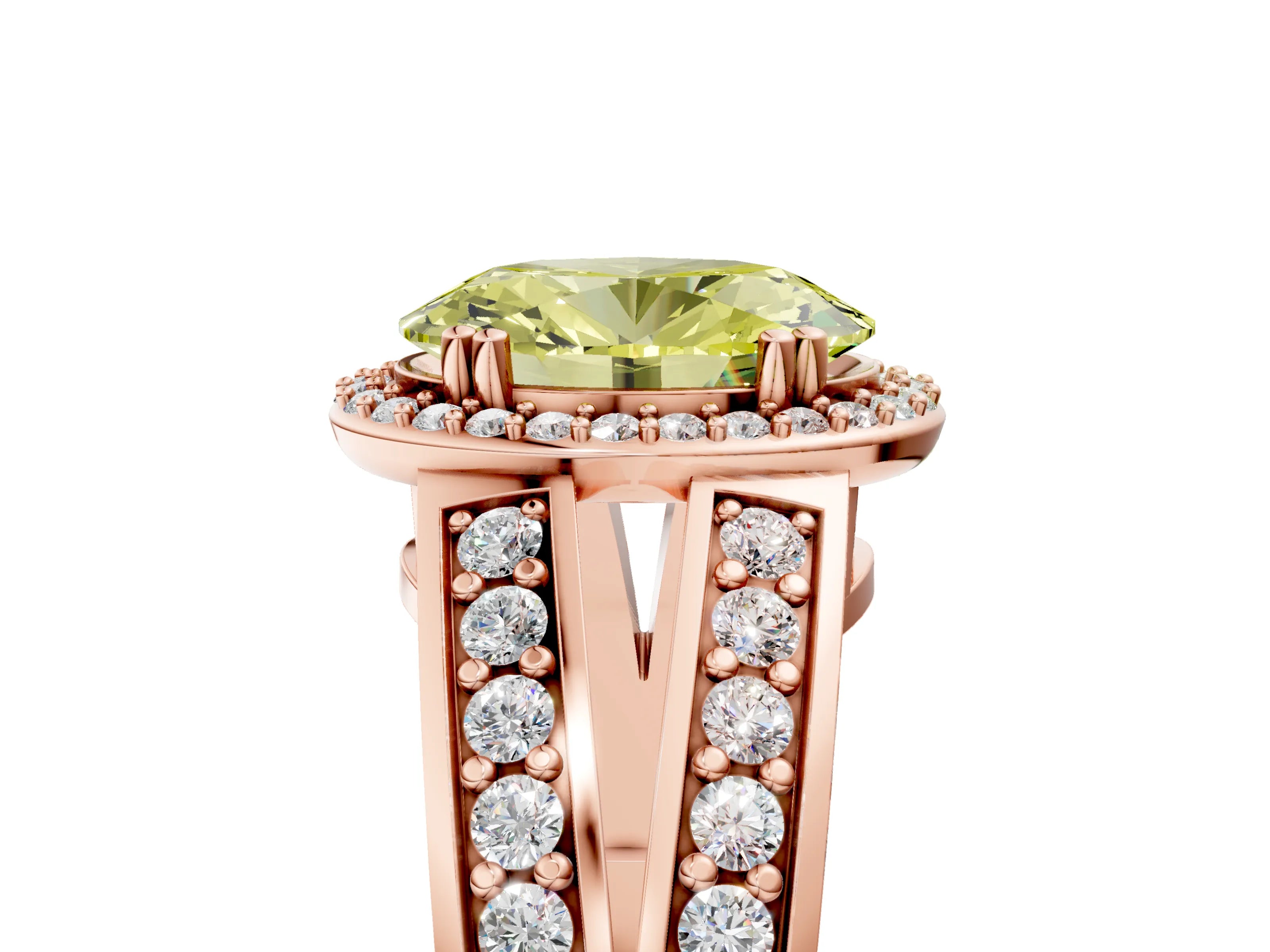 Rose gold Fancy Yellow Oval Cut Diamond Halo Ring with Split Shank Pavé Band and Four-Prong Setting_5