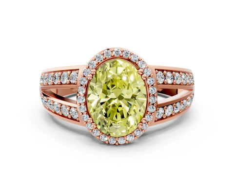 Rose gold Fancy Yellow Oval Cut Diamond Halo Ring with Split Shank Pavé Band and Four-Prong Setting
