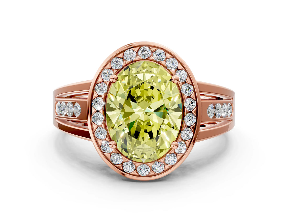 Rose gold Fancy Yellow Oval Cut Diamond Halo Ring with Split Shank and Bezel Accents and Prong Setting
