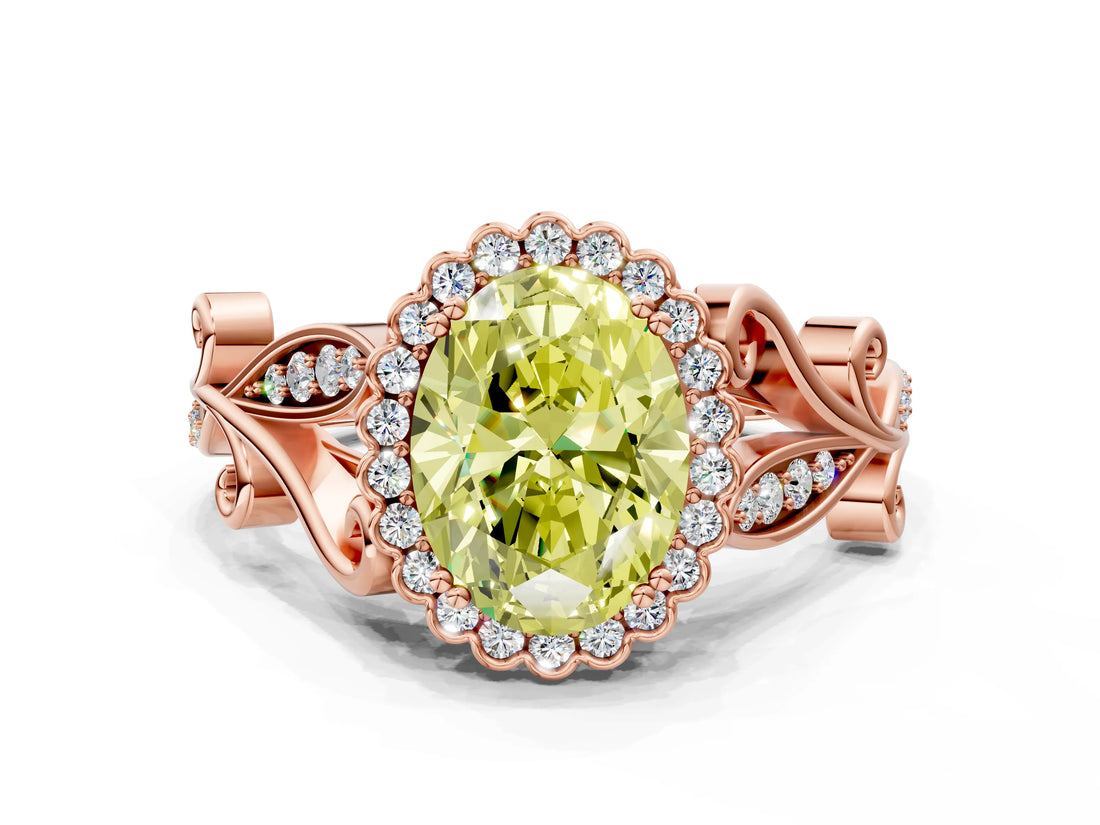 Rose gold Fancy Yellow Oval Cut Diamond Halo Ring with Vintage Split Shank and Four-Prong Setting_37