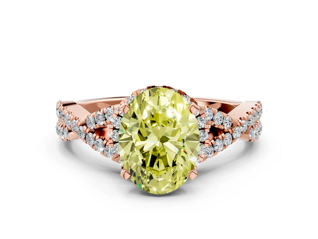 Rose gold Fancy Yellow Oval Cut Diamond  Halo Twist Band Solitaire Prong Setting Ring_42