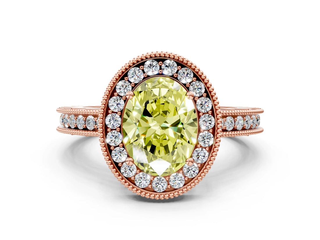 Rose gold Fancy Yellow Oval Cut Diamond Milgrain Halo Engagement Ring with Round Pavé Band and Prong Setting_12