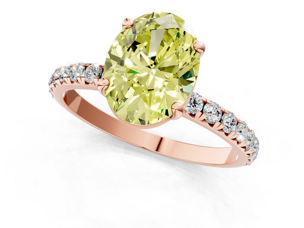 Rose gold Fancy Yellow Oval  Cut Diamond Solitaire Ring with Micro Pave Band and Four Prong Setting