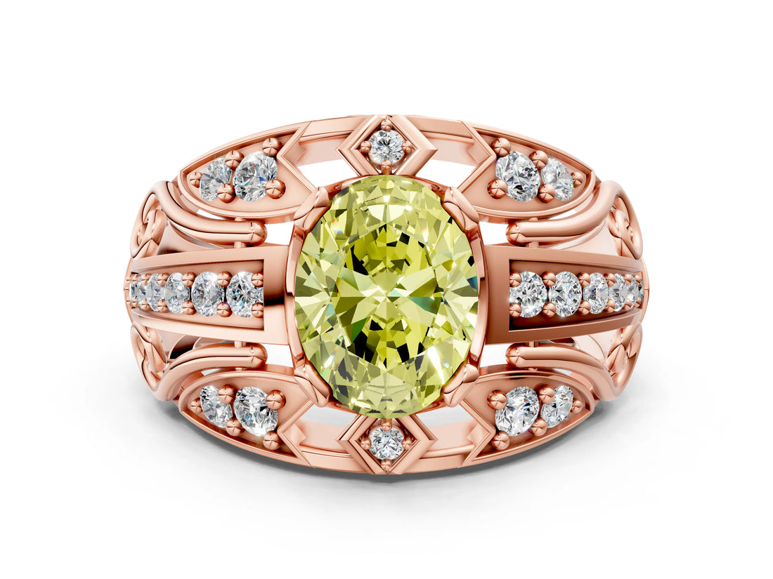 Rose gold Fancy Yellow Oval Cut Diamond Pave Art Deco Split Shank Ring with Four-Prong Setting