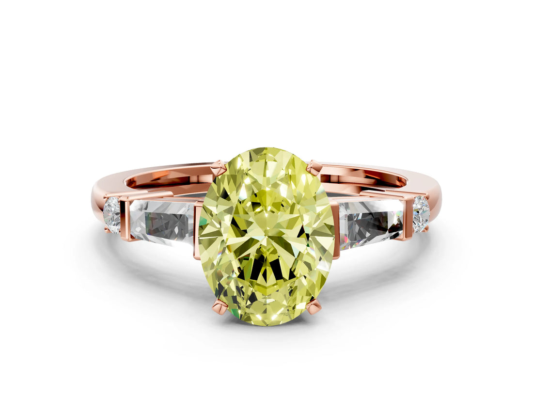 Rose gold Fancy Yellow Oval  Cut Diamond Ring with Baguette Side Stones, Channel Set Band, and Four-Prong Setting_24
