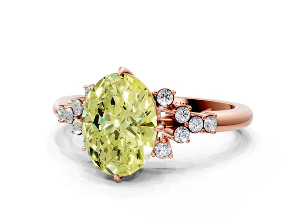 Rose gold Fancy Yellow Oval Cut Diamond Ring with Side Stones and Four-Prong Setting