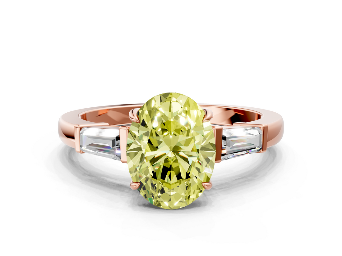 Rose gold Fancy Yellow Oval  Cut Diamond Ring with Tapered Baguette Side Stones in Four-Prong Setting_3