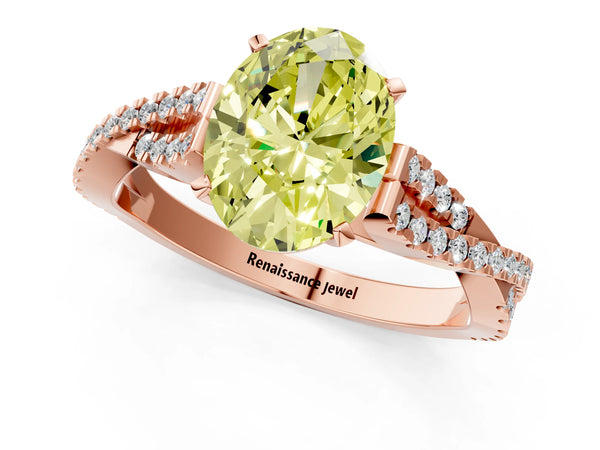 Rose gold Fancy Yellow Oval Cut Diamond Solitaire Engagement Ring with Twisted Pavé Band and Four-Prong Setting