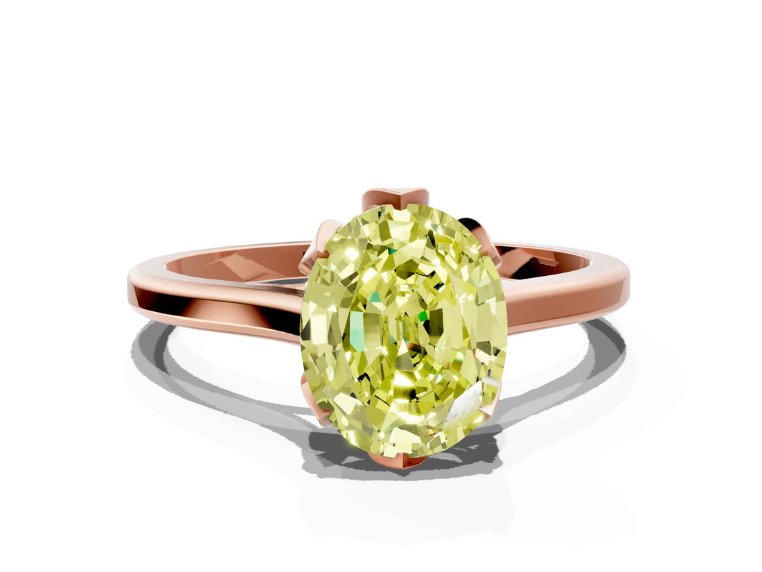 Rose gold Fancy Yellow Oval Cut Diamond Solitaire Ring with Flower Prong Setting and Classic Band_97