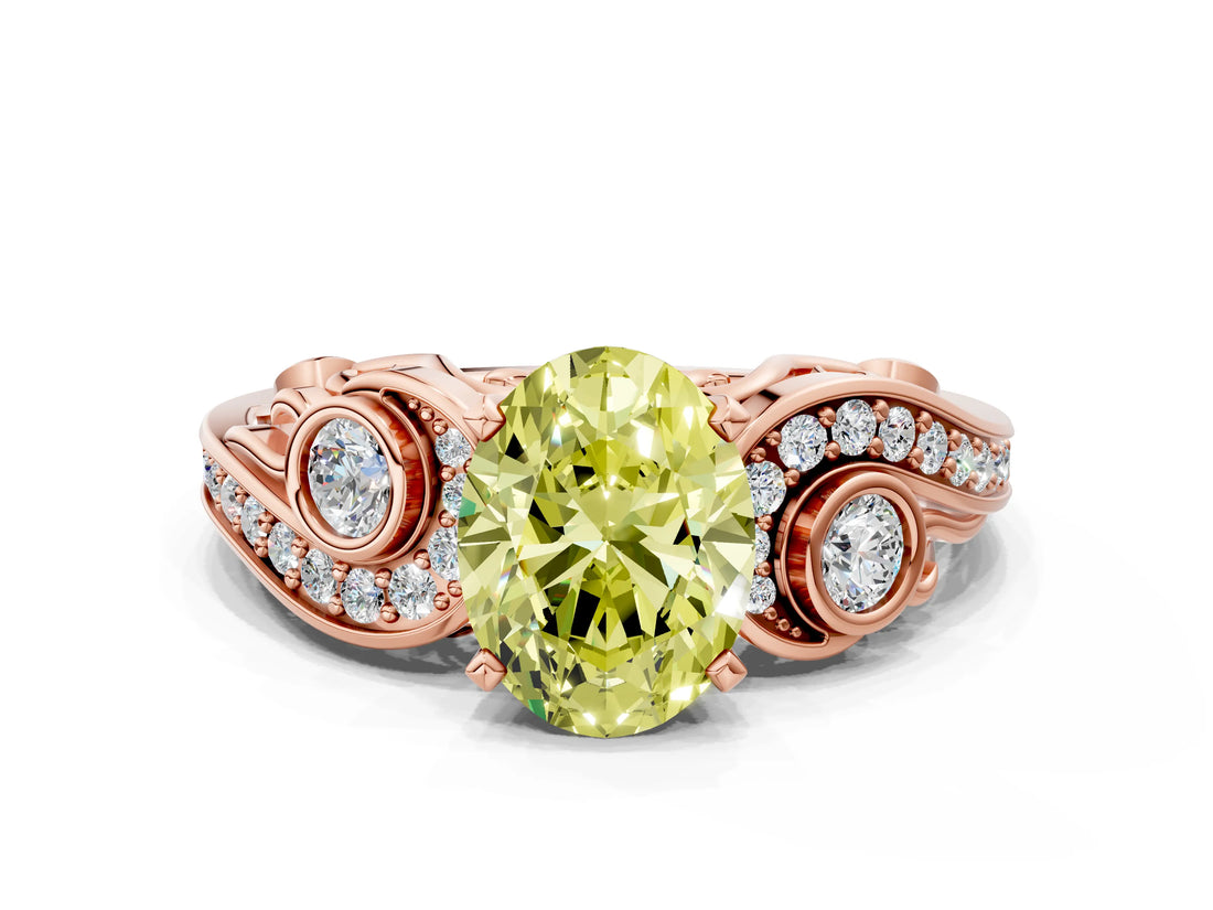 Rose gold Fancy Yellow Oval Cut Diamond Solitaire Ring with Milgrain Pavé Band and Four-Prong Setting_167