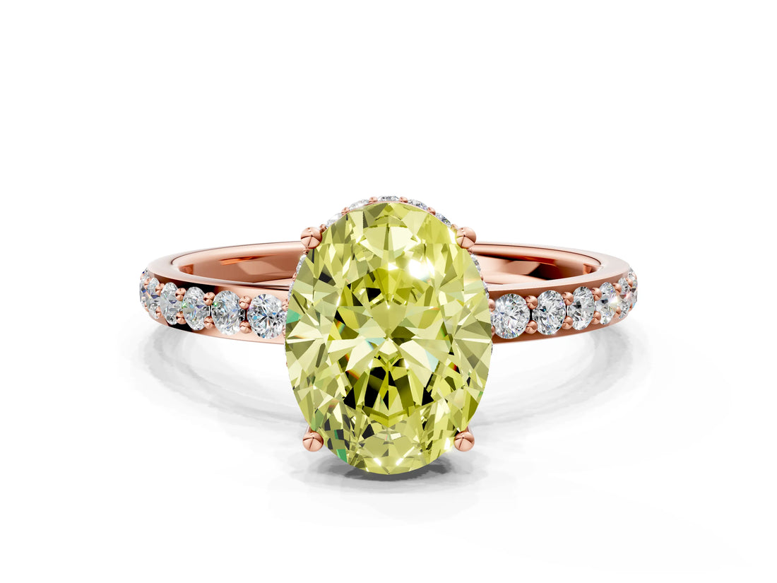 Rose gold Fancy Yellow Oval Cut Diamond Solitaire Ring with Pavé Band and Hidden Halo_25
