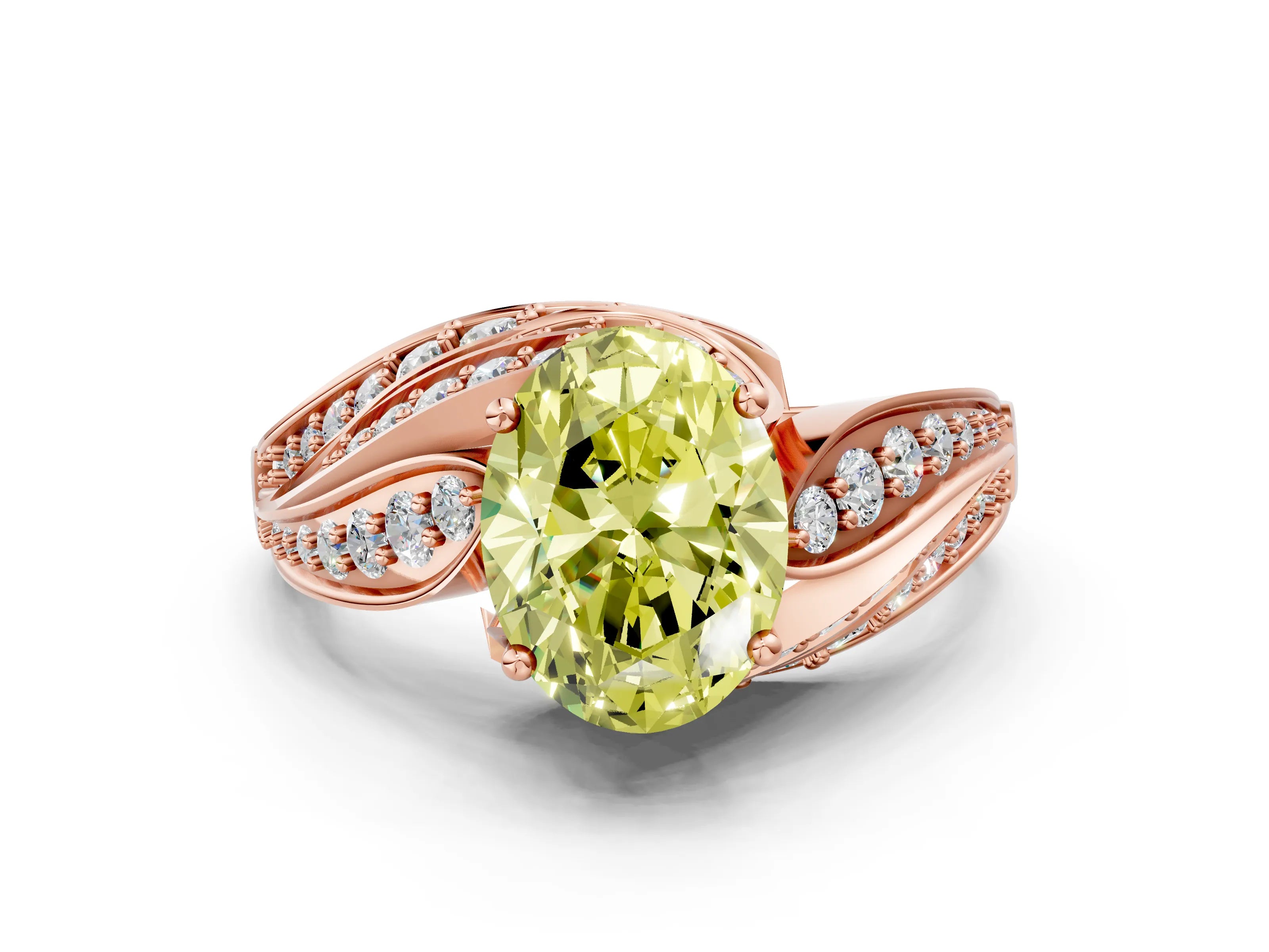 Rose gold Fancy Yellow Oval Cut Diamond Solitaire Ring with Prong Setting and Twisted Pavé Band