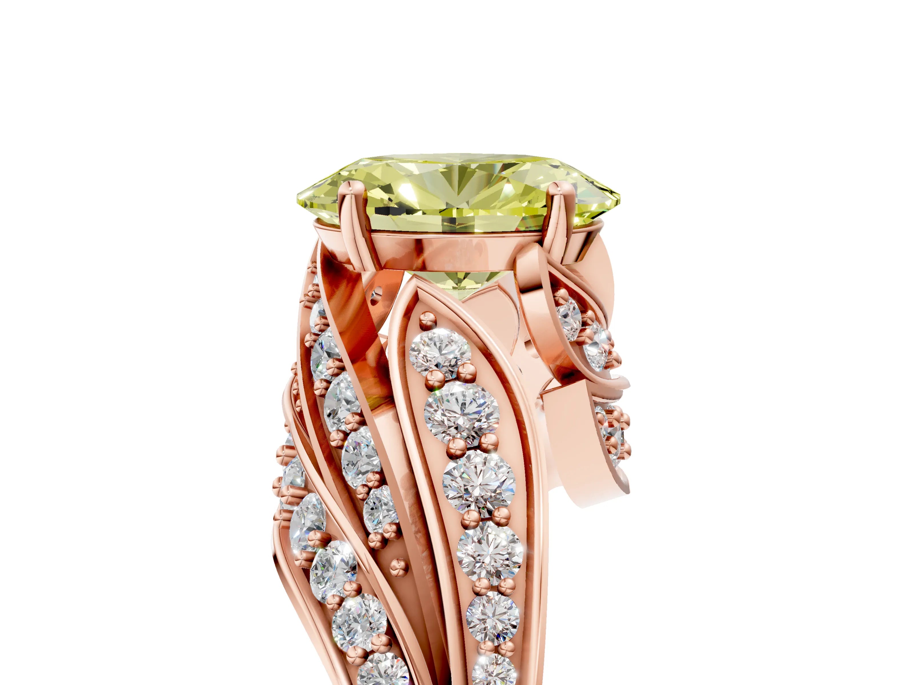 Rose gold Fancy Yellow Oval Cut Diamond Solitaire Ring with Prong Setting and Twisted Pavé Band_5