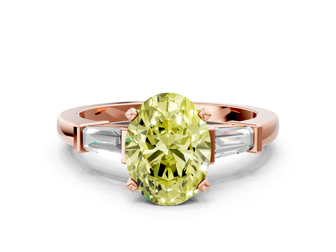 Rose gold Fancy Yellow Oval  Cut Diamond Solitaire Ring with Tapered Baguette Accents and Four-Prong Setting_59