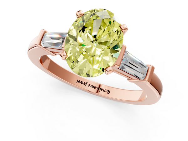Rose gold Fancy Yellow Oval  Cut Diamond Solitaire Ring with Tapered Baguette Accents and Four-Prong Setting