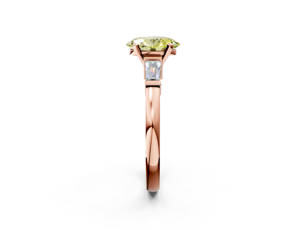 Rose gold Fancy Yellow Oval  Cut Diamond Solitaire Ring with Tapered Baguette Accents and Four-Prong Setting