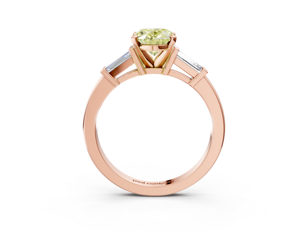 Rose gold Fancy Yellow Oval  Cut Diamond Solitaire Ring with Tapered Baguette Accents and Four-Prong Setting