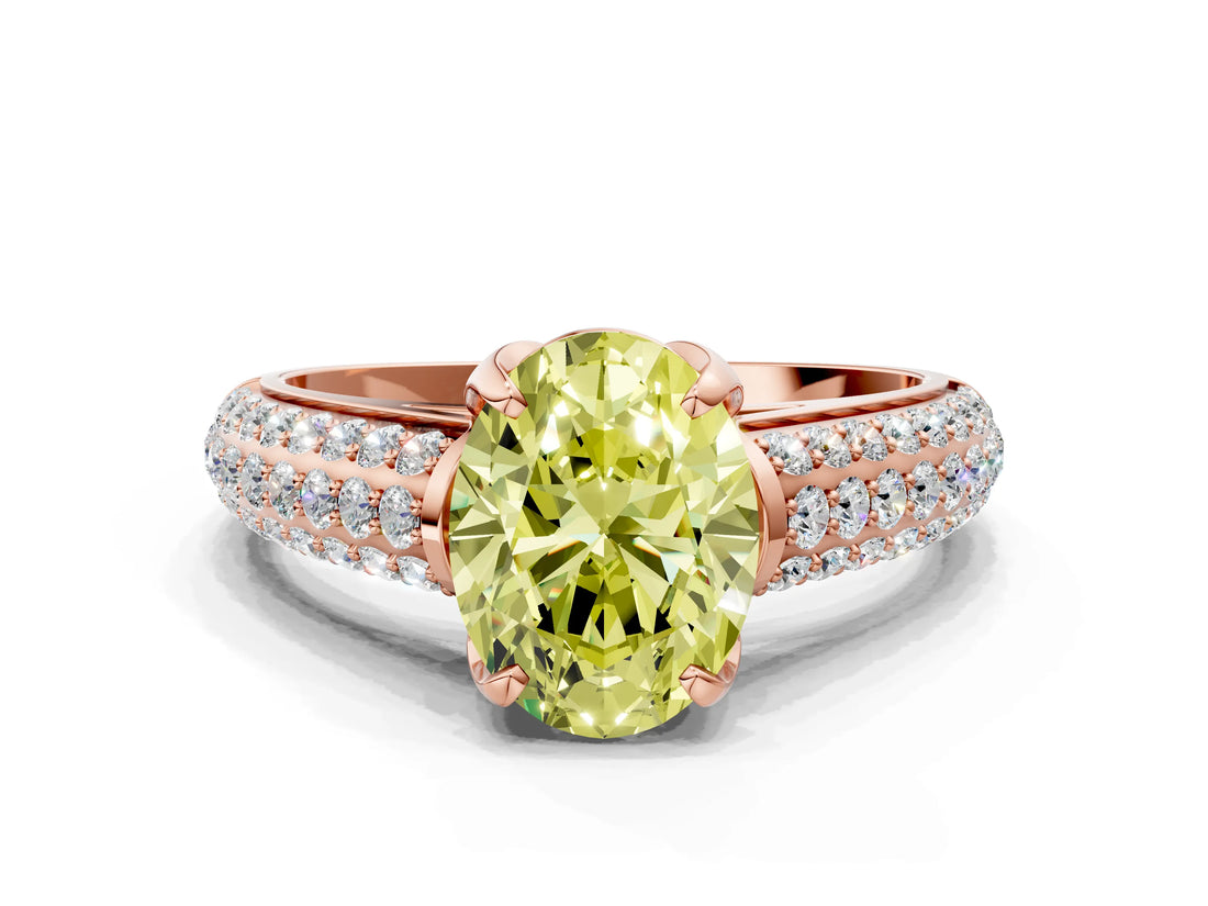 Rose gold Fancy Yellow Oval Cut Diamond Solitaire Ring with Three-Row Pavé Band and Four-Prong Setting_37
