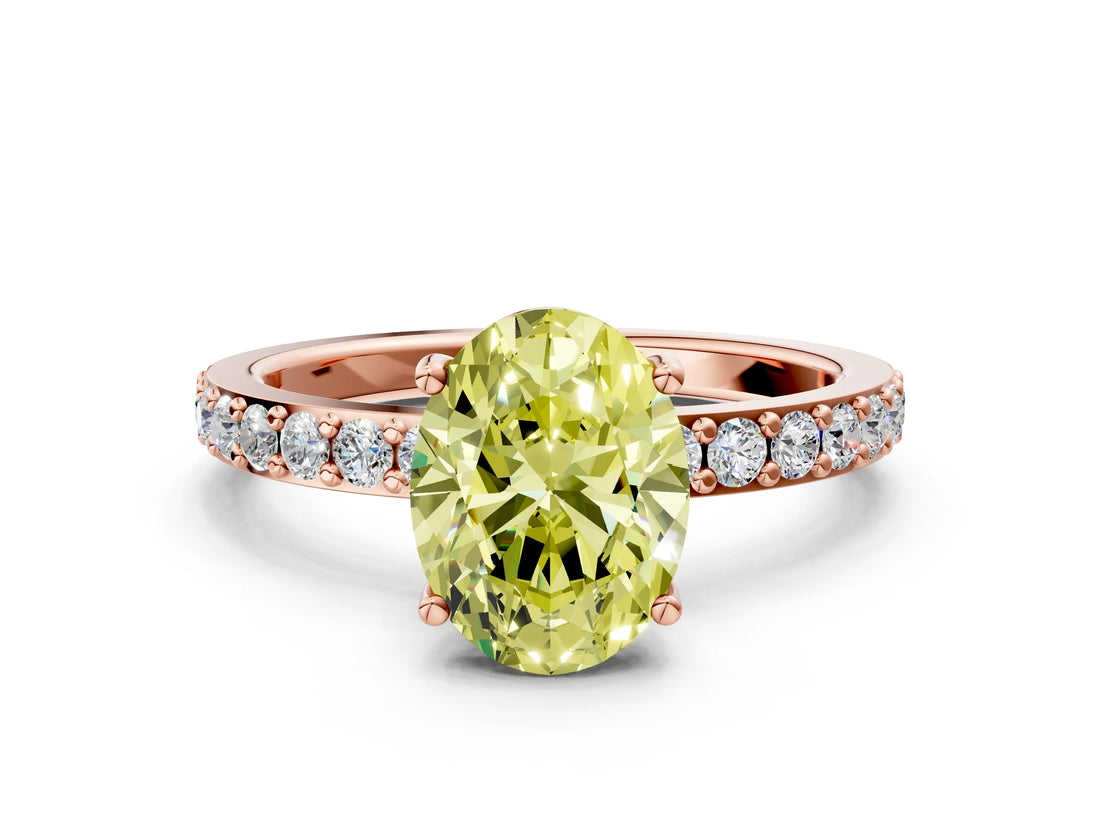 Rose gold Fancy Yellow Oval  Cut Diamond Solitaire with Pave Band and Four-Prong Setting 1