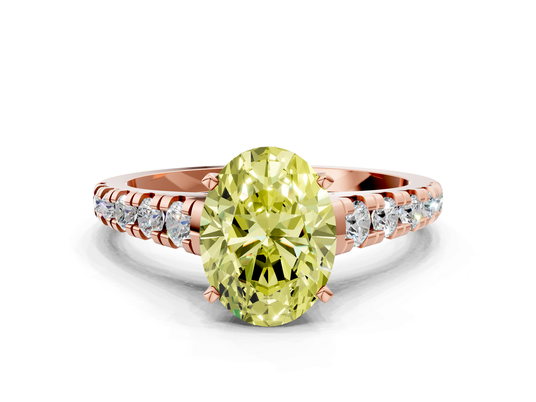 Rose gold Fancy Yellow Oval  Cut Diamond Solitaire with Pave Band and Four-Prong Setting_156