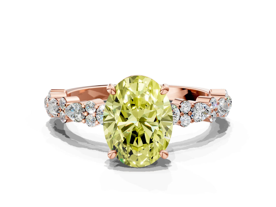 Rose gold Fancy Yellow Oval Cut Diamond Solitaire with Side Stones, Pave Band, Four-Prong Setting_114