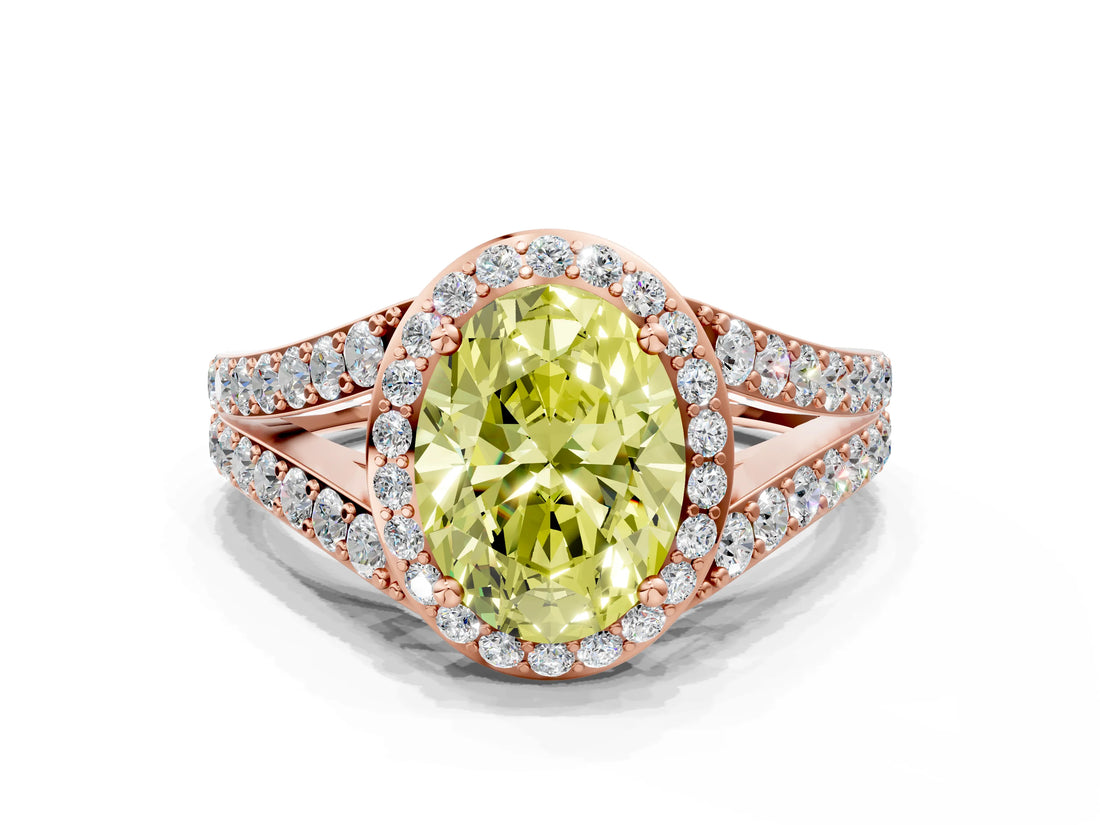 Rose gold Fancy Yellow Oval Cut Diamond Split Shank Halo Ring with Four-Prong Setting_58