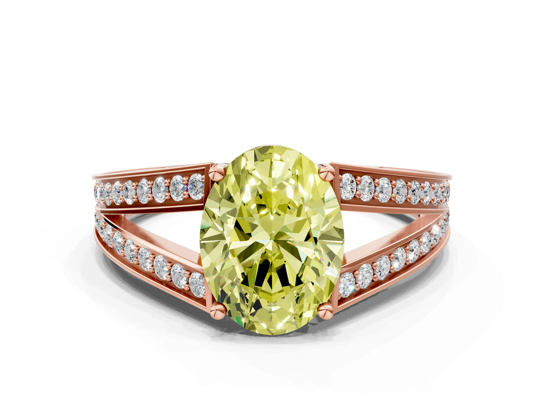 Rose gold Fancy Yellow Oval Cut Diamond Split Shank Ring with Pavé Band and Four-Prong Setting_61