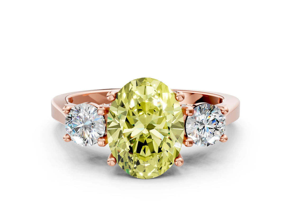 Rose gold Fancy Yellow Oval Cut Diamond Three-Stone Engagement Ring with Prong Setting and Pavé Band