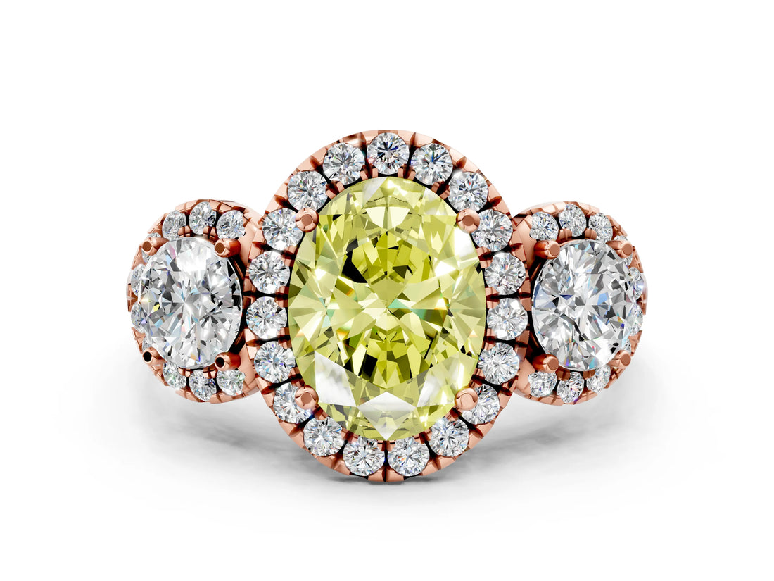 Rose gold Fancy Yellow Oval Cut Diamond Three-Stone Halo Ring with Prong Setting and Pavé Accents