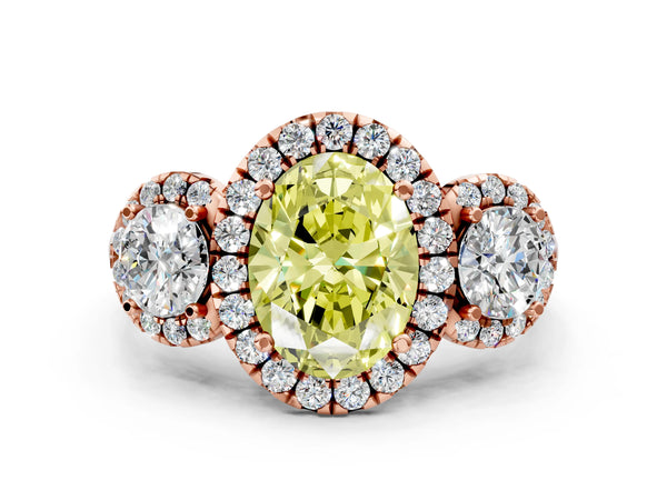 Rose Gold Oval Three Stone Halo Engagement Ring Setting for Fancy Yellow Center