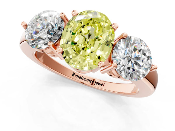 Rose gold Fancy Yellow Oval Cut Diamond Three-Stone Ring with Prong Setting and Classic Band