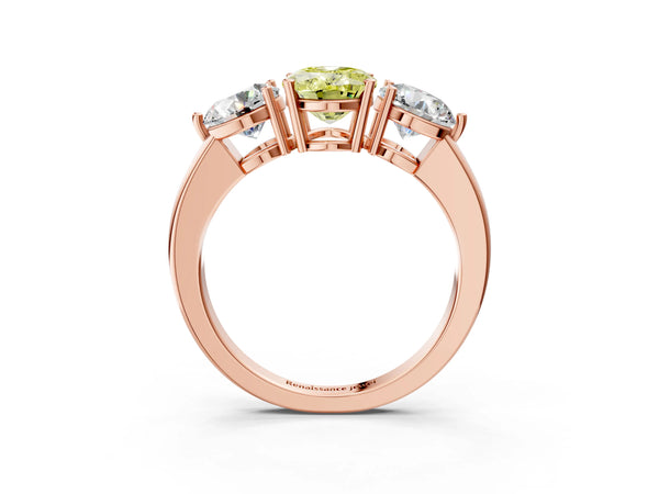 Rose gold Fancy Yellow Oval Cut Diamond Three-Stone Ring with Prong Setting and Classic Band