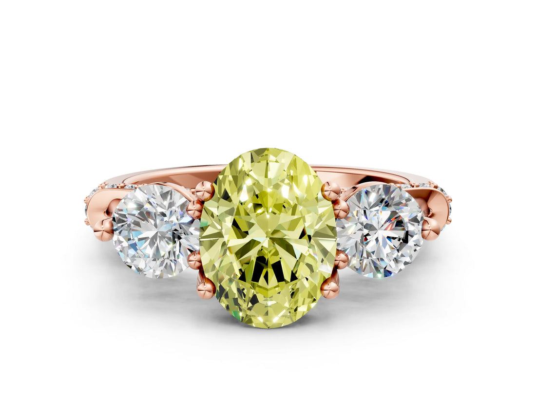 Rose gold Fancy Yellow Oval Cut Diamond Three-Stone Ring with Prong Setting and Pavé Band