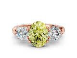 Rose gold Fancy Yellow Oval Cut Diamond Three-Stone Ring with Prong Setting and Pavé Band