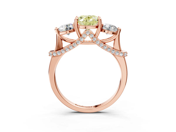Rose Gold Oval Curved Pave Three Stone Engagement Ring Setting for Fancy Yellow Center