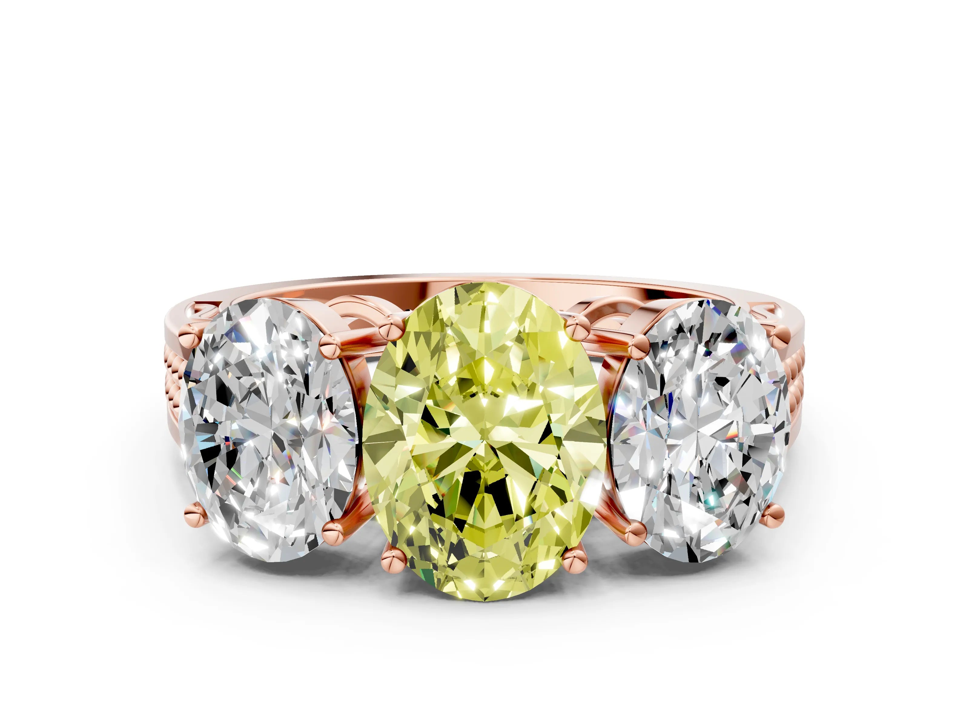 Rose gold Fancy Yellow Oval Cut Diamond Three-Stone Ring with Prong Setting and Textured Band