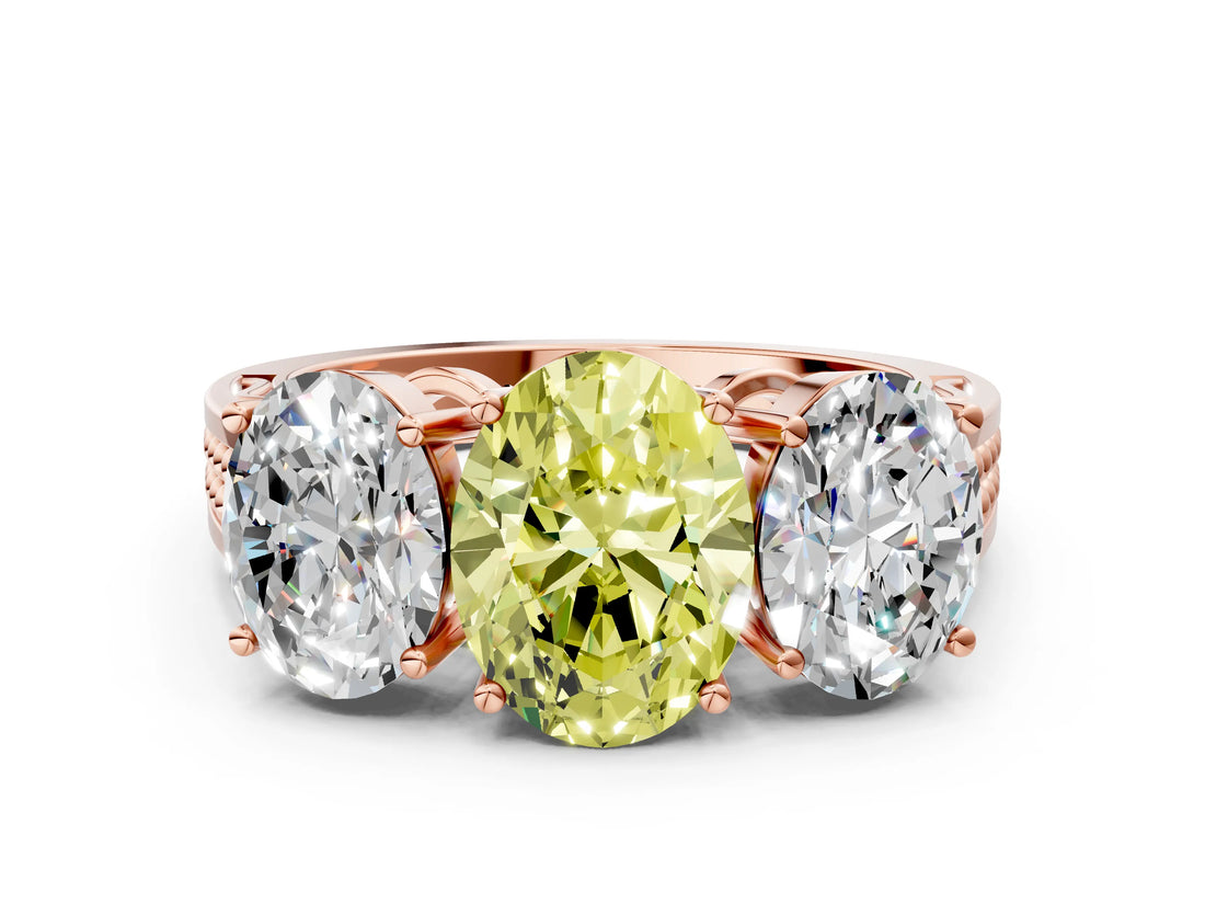 Rose gold Fancy Yellow Oval Cut Diamond Three-Stone Ring with Prong Setting and Textured Band