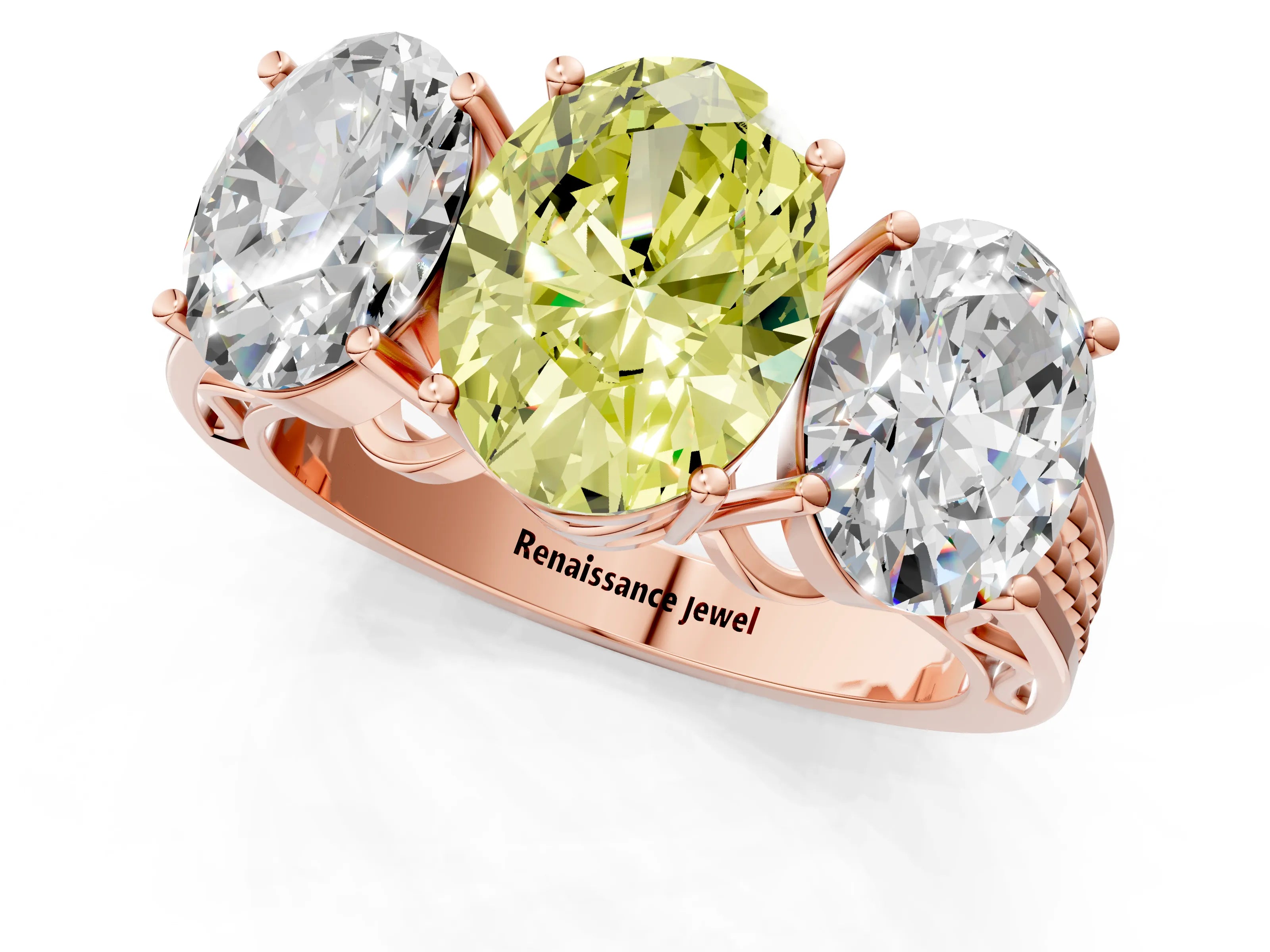 Rose gold Fancy Yellow Oval Cut Diamond Three-Stone Ring with Prong Setting and Textured Band_1