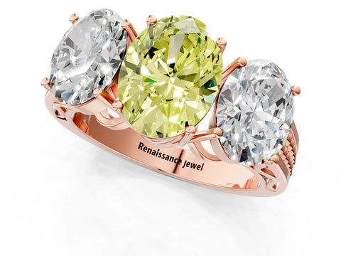 Rose gold Fancy Yellow Oval Cut Diamond Three-Stone Ring with Prong Setting and Textured Band_1