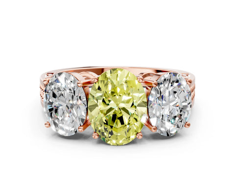 Rose gold Fancy Yellow Oval Cut Diamond Three-Stone Ring with Prong Setting and Textured Band
