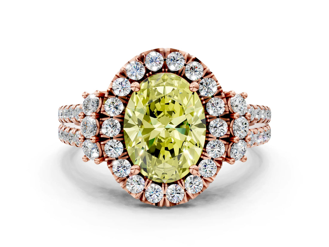Rose gold Fancy Yellow Oval  Cut Double Halo Diamond Engagement Ring with Pave Band and Four-Prong Setting