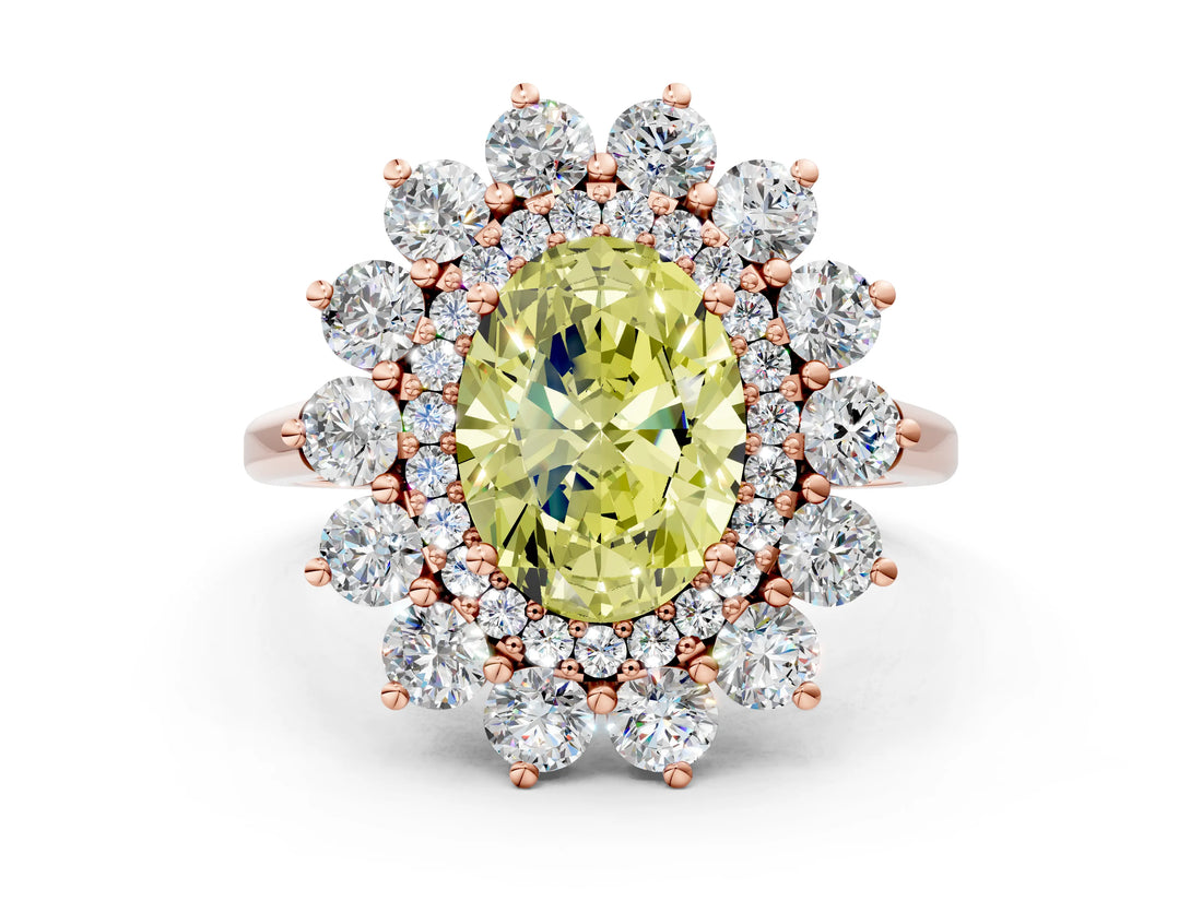 Rose gold Fancy Yellow Oval Cut Halo Cluster Diamond Ring with Pave Band and Four-Prong Setting_12