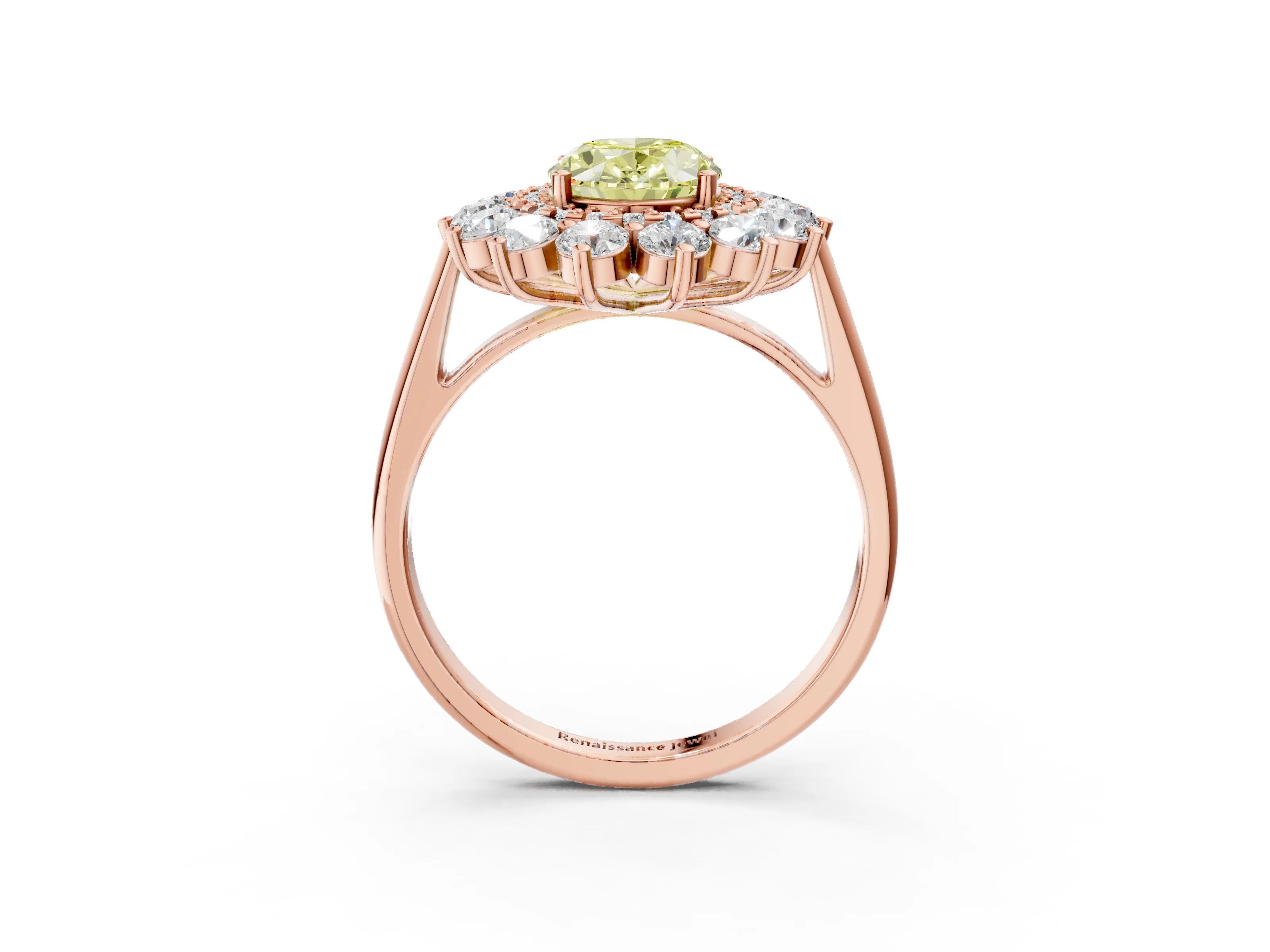 Rose gold Fancy Yellow Oval Cut Halo Cluster Diamond Ring with Pave Band and Four-Prong Setting_15