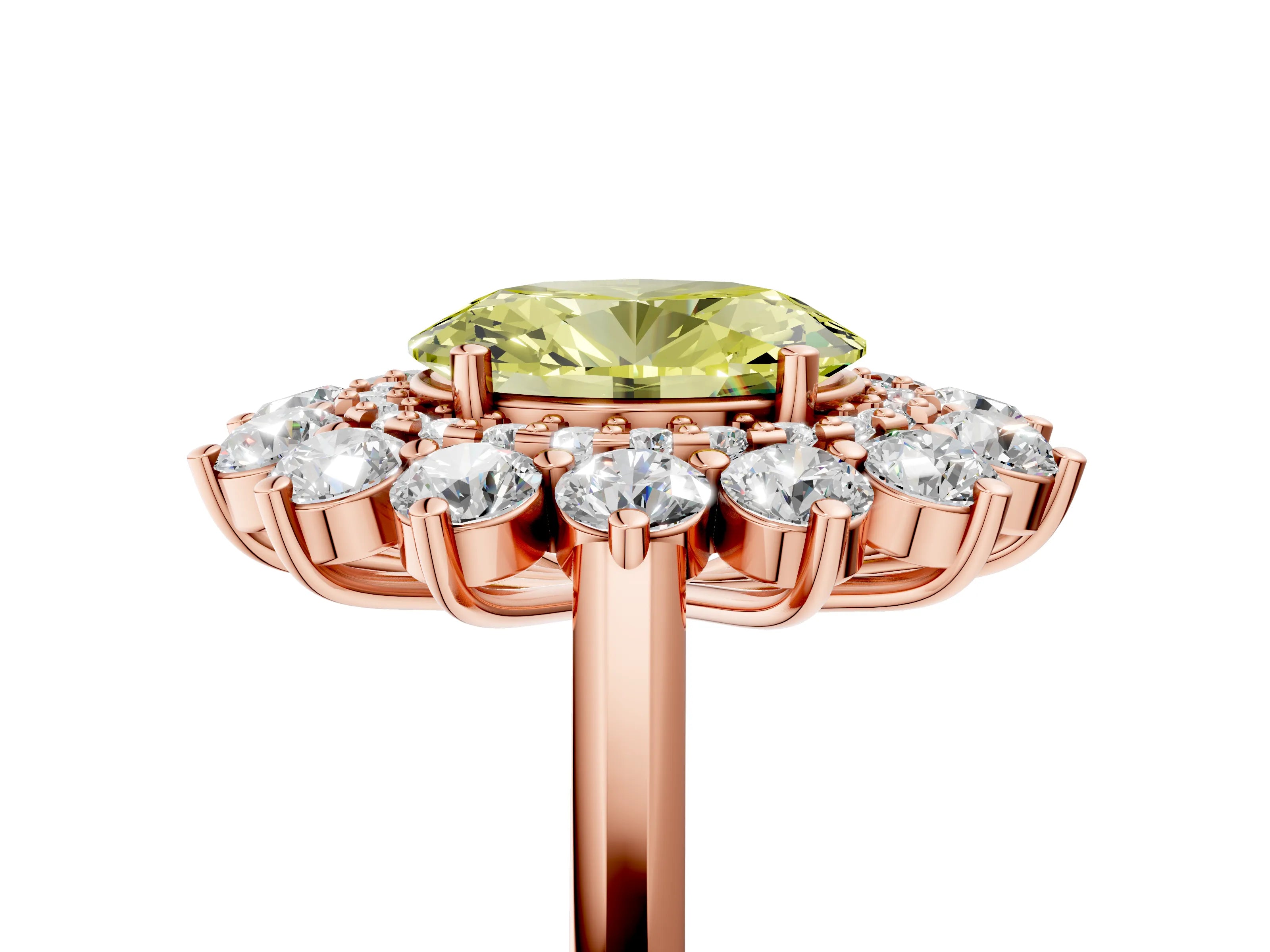 Rose gold Fancy Yellow Oval Cut Halo Cluster Diamond Ring with Pave Band and Four-Prong Setting_17