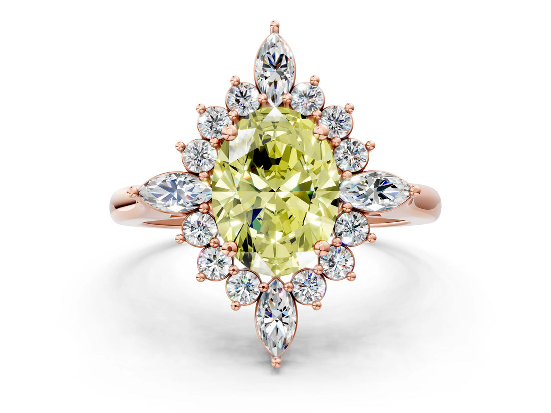 Rose gold Fancy Yellow Oval Cut Halo Diamond Cluster Ring with Marquise and Round Stones on a White Gold Band with Prong Setting