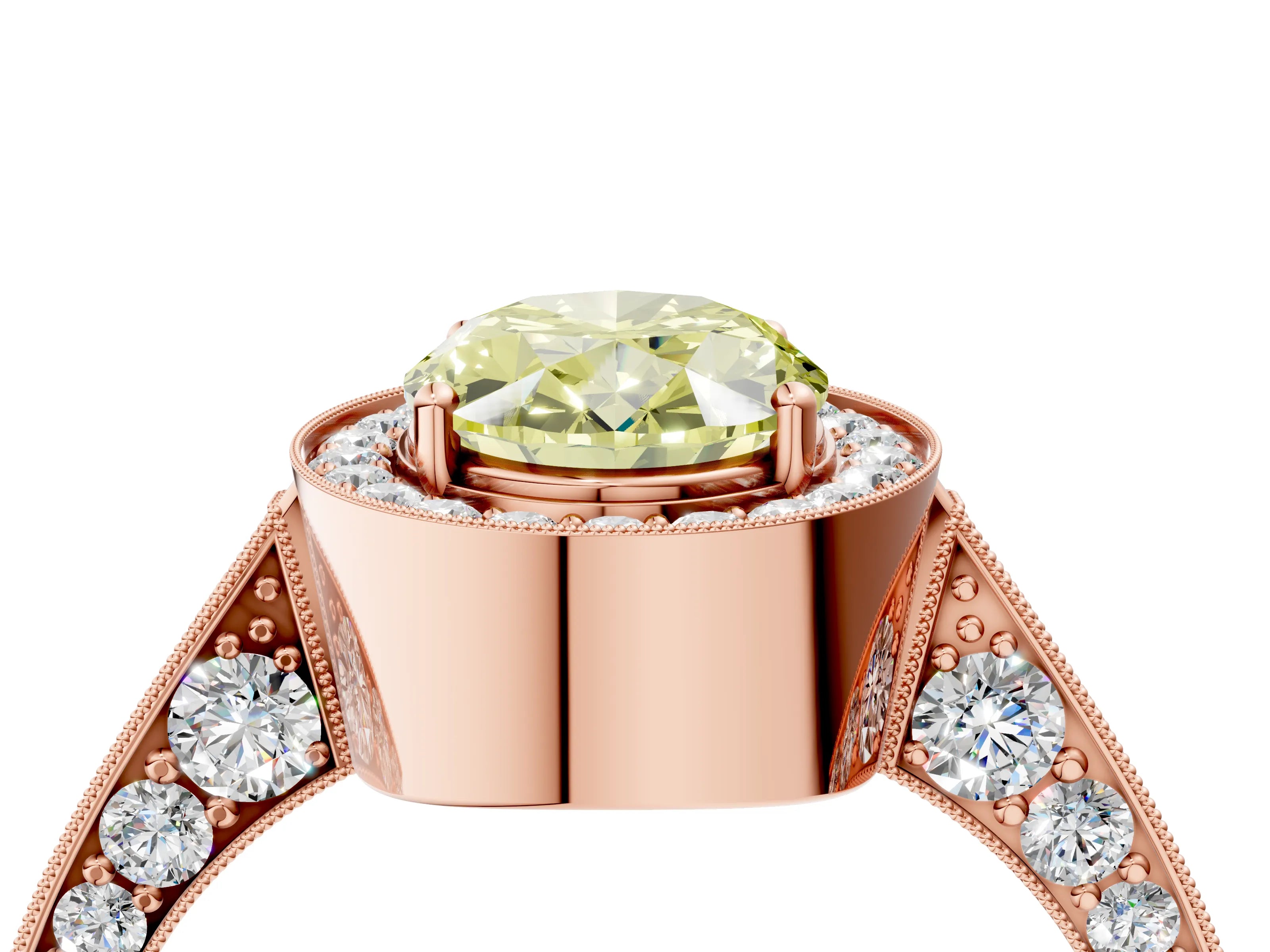 Rose gold Fancy Yellow Oval Cut Halo Diamond Engagement Ring with Split Shank Band and Four-Prong Setting_4