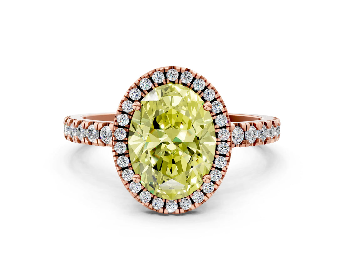 Rose gold Fancy Yellow Oval Cut Halo Diamond Pave Band with Prong Setting