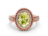 Rose gold Fancy Yellow Oval Cut Halo Diamond Ring with Beaded Split Shank and Four-Prong Setting